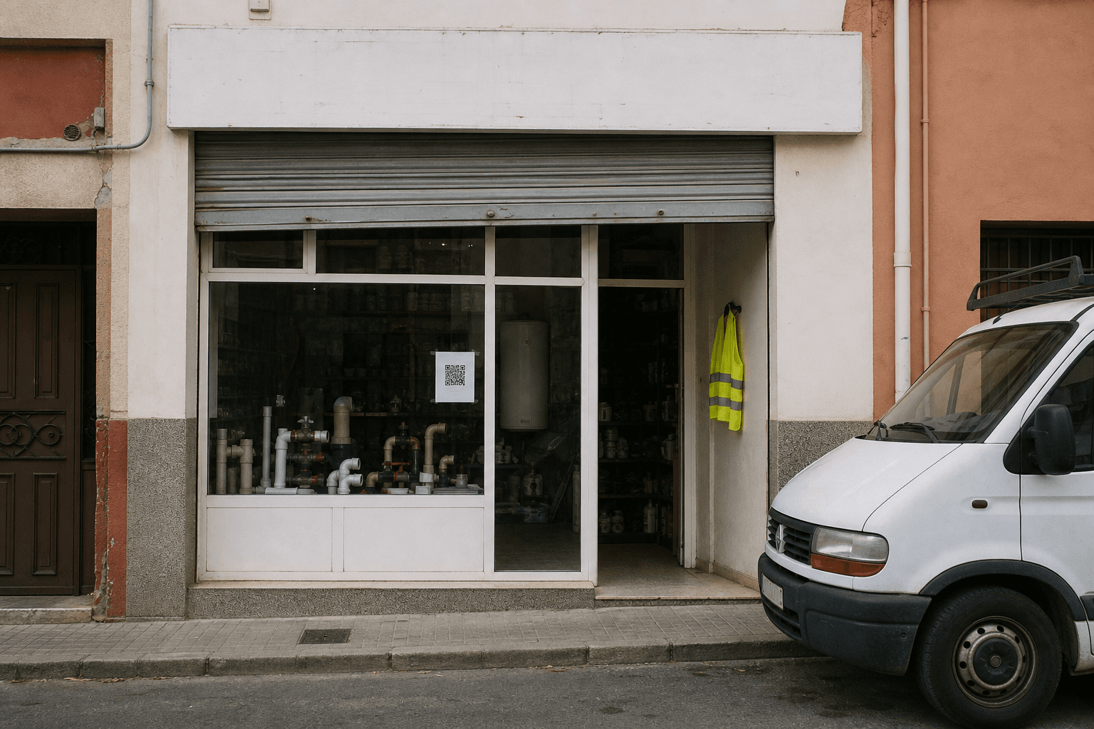Escaparate de un taller de fontanería en una calle española, con un cartel QR pegado en el cristal y una furgoneta blanca aparcada.