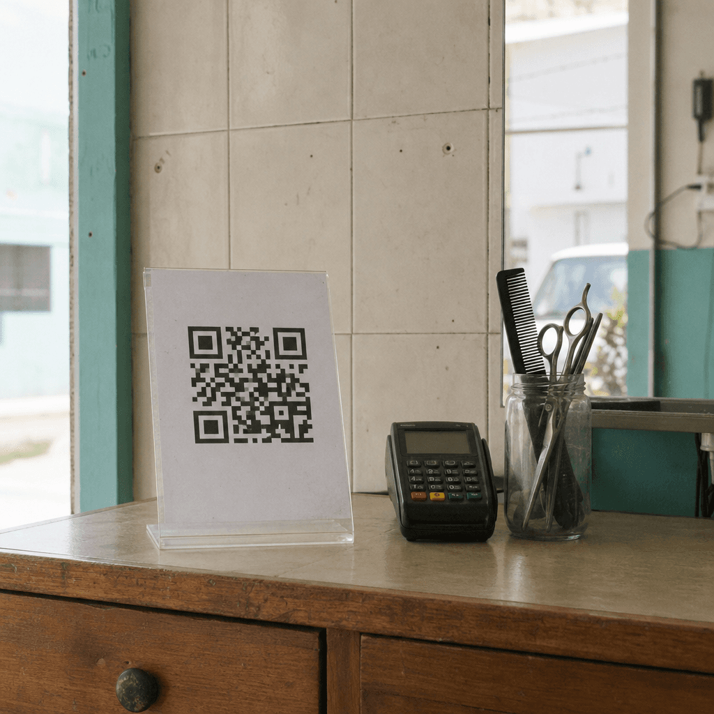 Mostrador de una peluquería con un cartel QR impreso en un soporte de acrílico junto al datáfono.
